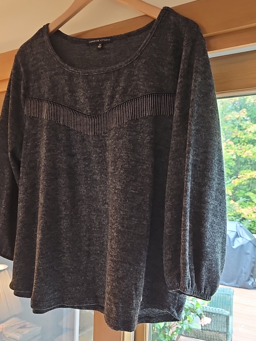 Adrienne Vittadini Dark Charcoal Pullover Top with Rhinestone Fringe